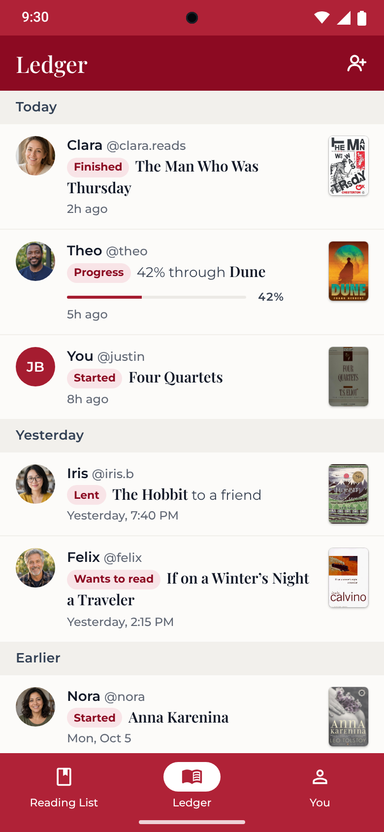 Literate Ledger screen: a chronological list of reading updates from people you follow, such as started, finished and lent.