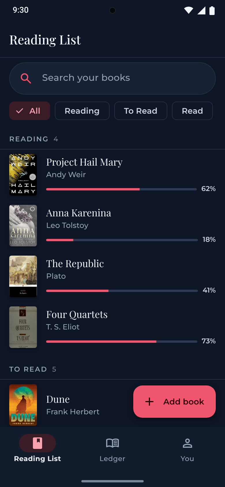 Literate Reading List screen: books grouped into Reading and To Read, with progress shown as a thin bar and a percentage.