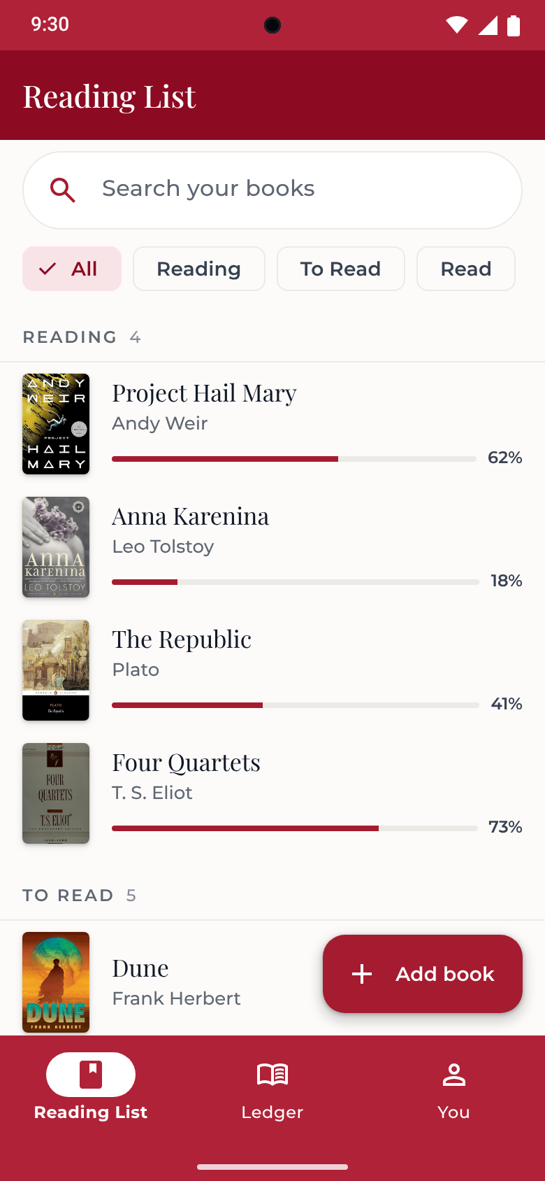 Literate Reading List screen: books grouped into Reading and To Read, with progress shown as a thin bar and a percentage.